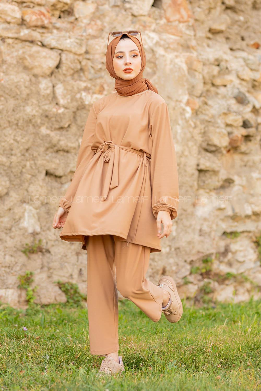 Modalamelif Kuşaklı Takım Sütlü Kahve