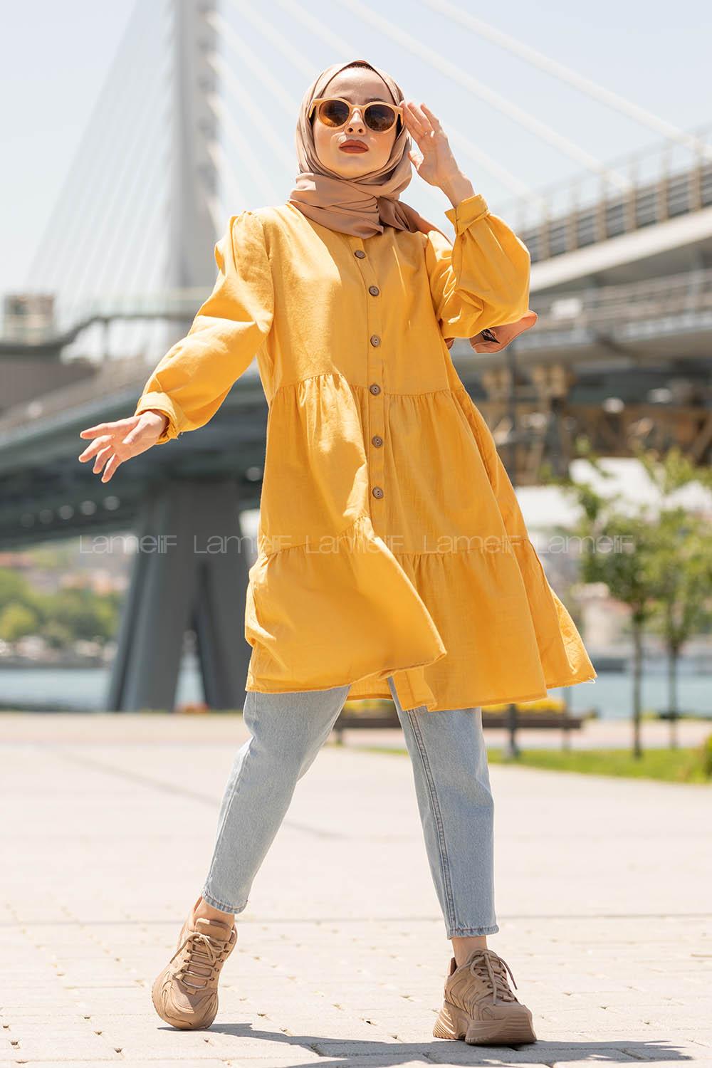 Modalamelif Önü Tahta Düğmeli Tunik Hardal Sarısı