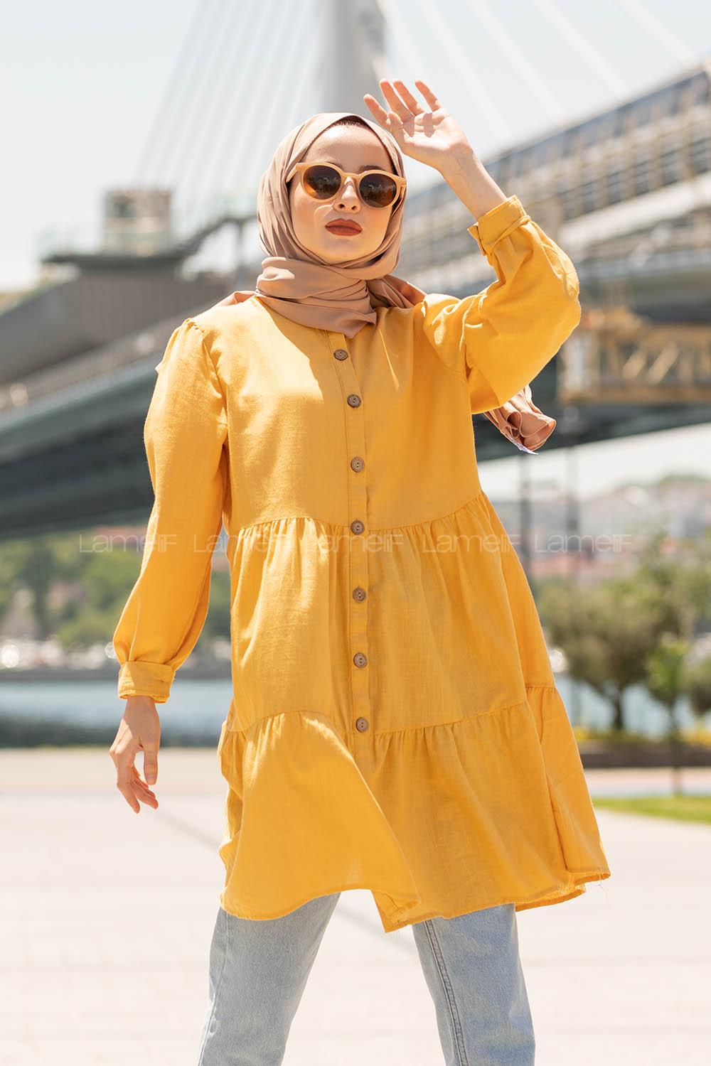 Modalamelif Önü Tahta Düğmeli Tunik Hardal Sarısı