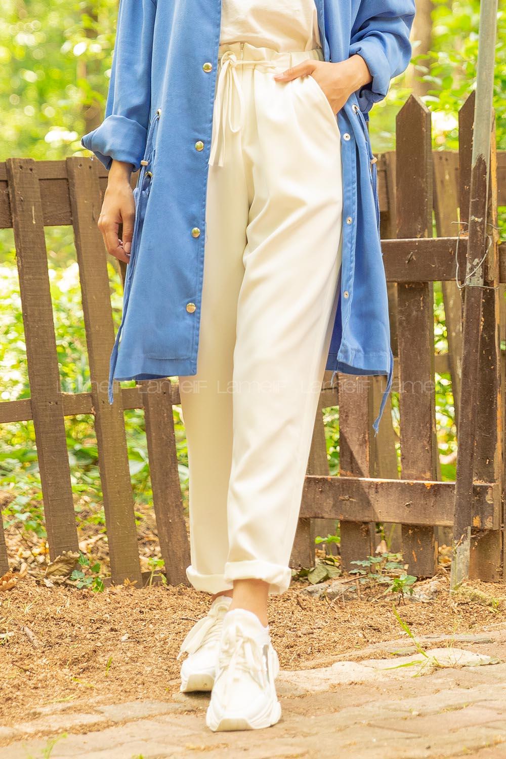 Modalamelif Beli Lastikli Pantolon Beyaz