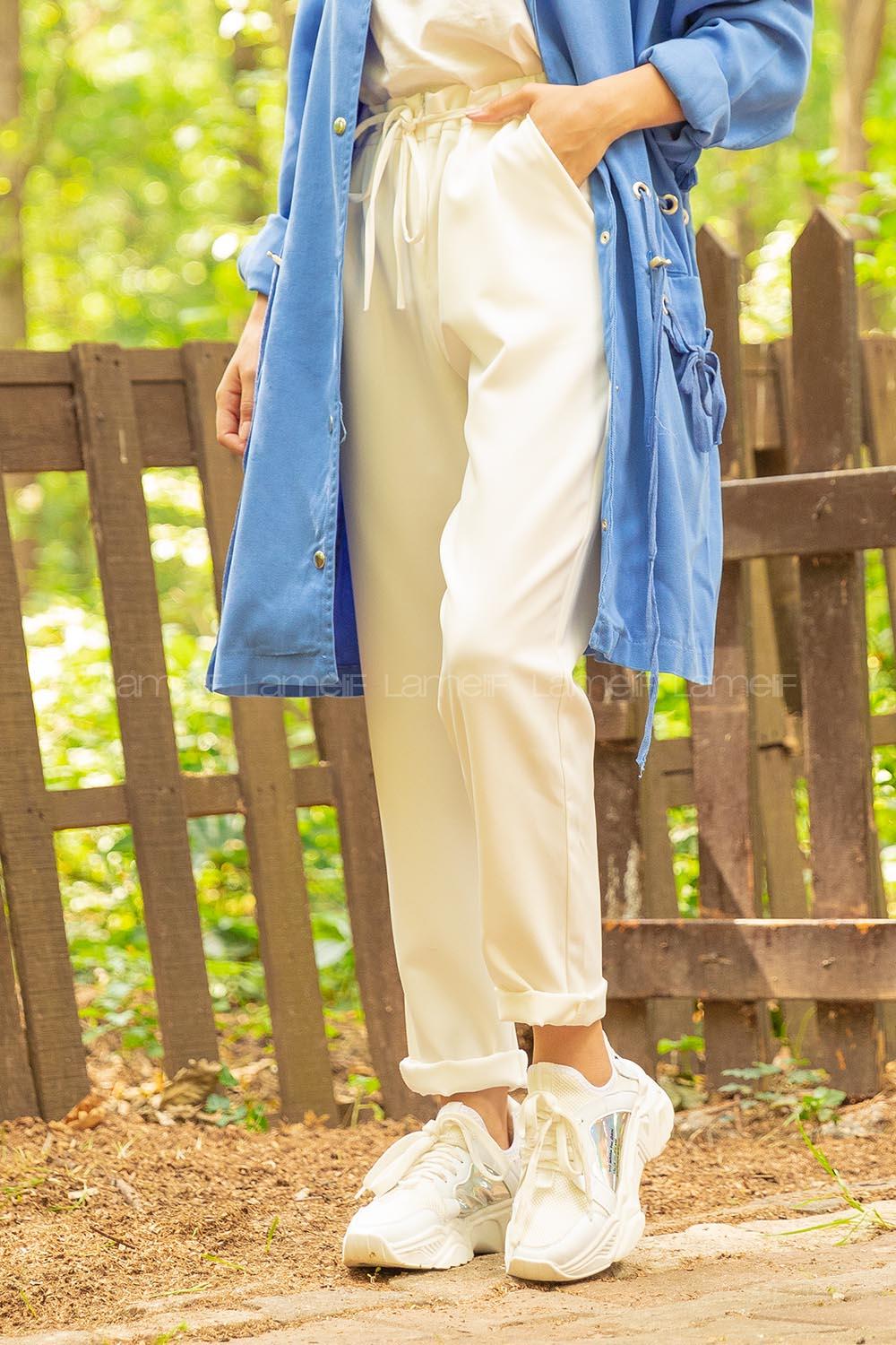 Modalamelif Beli Lastikli Pantolon Beyaz