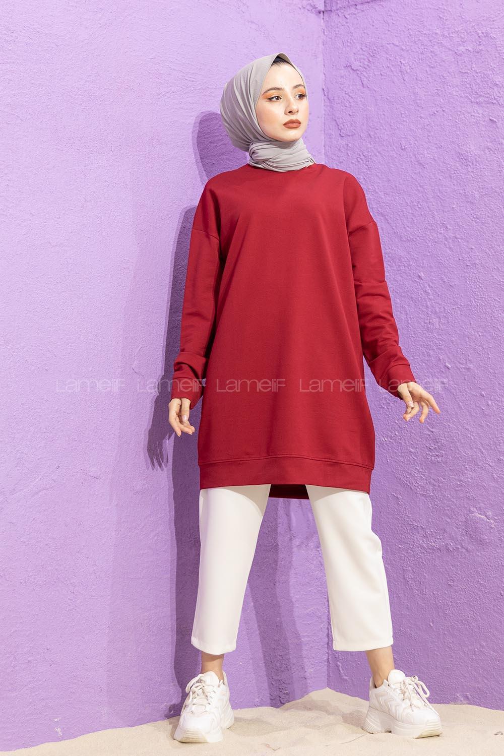 Modalamelif Bisiklet Yaka Düz Renk Sweat Bordo