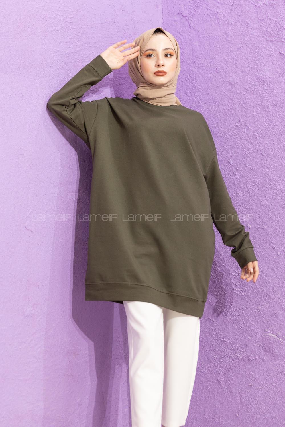 Modalamelif Bisiklet Yaka Düz Renk Sweat Haki