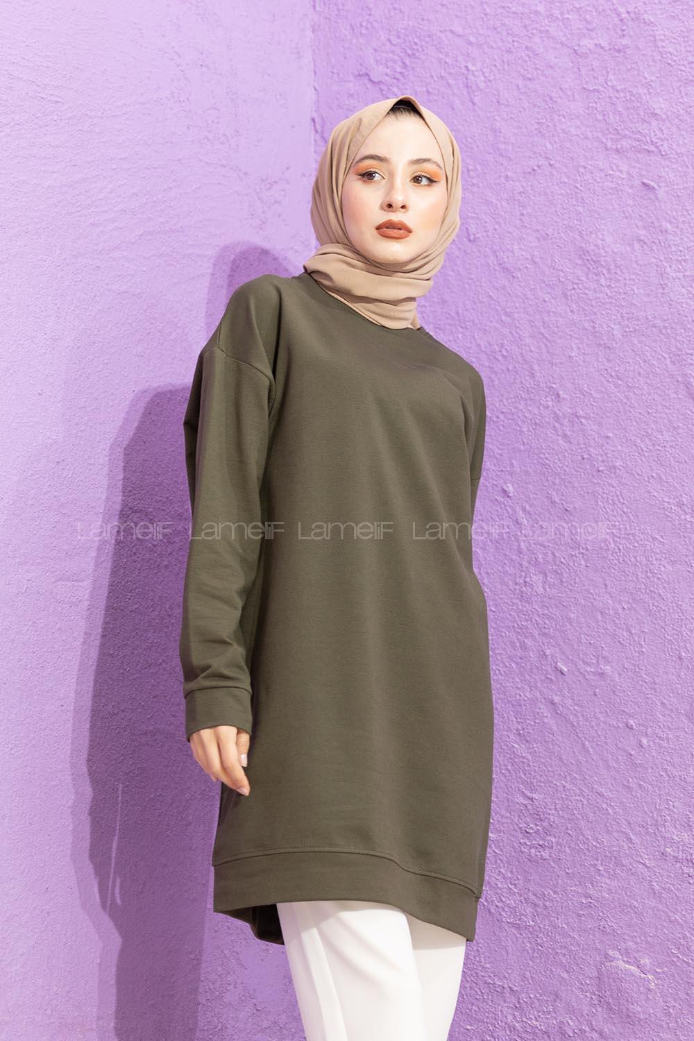 Modalamelif Bisiklet Yaka Düz Renk Sweat Haki