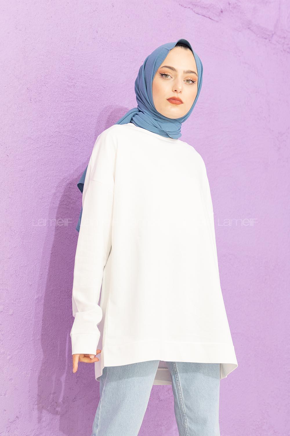 Modalamelif düşük Kol Düz Renk Sweat Beyaz