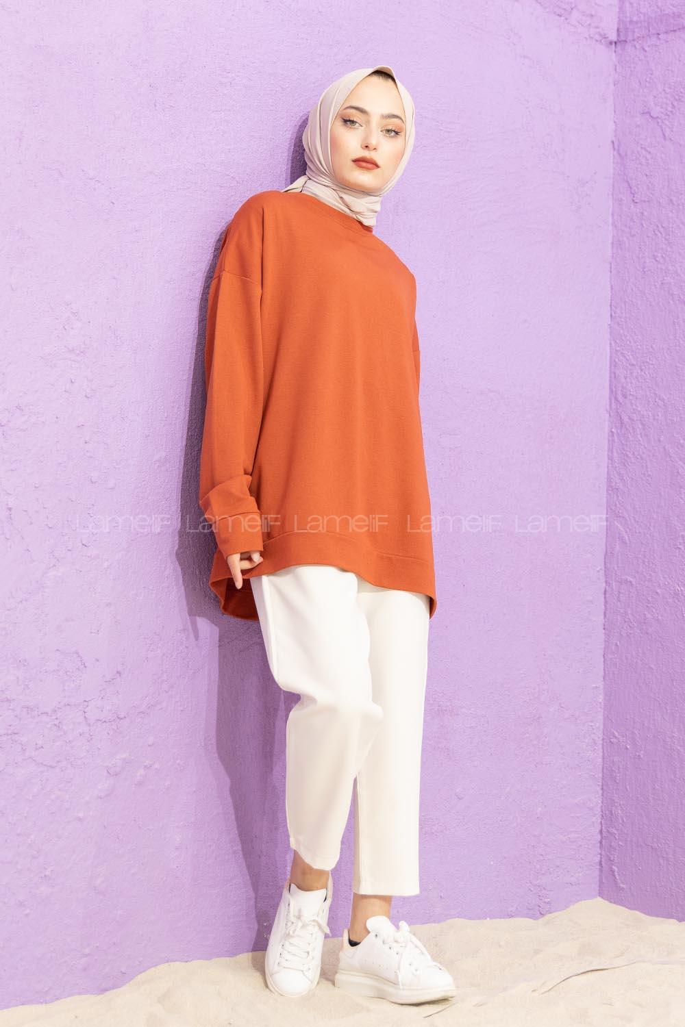 Modalamelif Düşük Kol Düz Renk Sweat  Kiremit