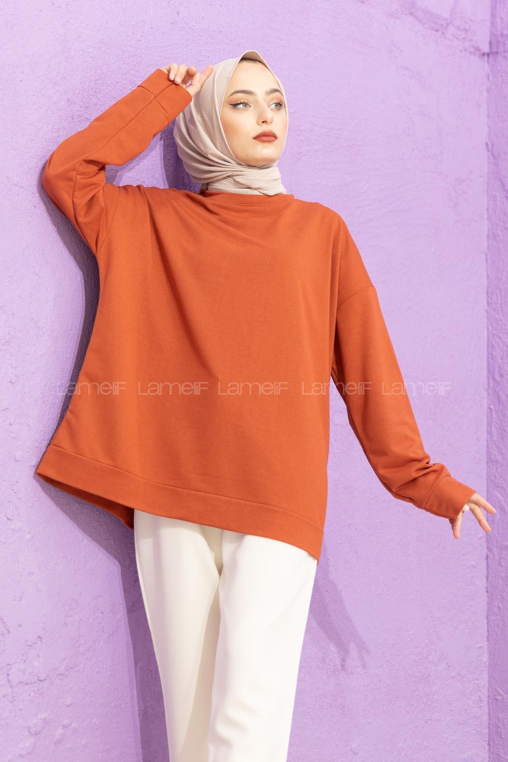 Modalamelif Düşük Kol Düz Renk Sweat  Kiremit