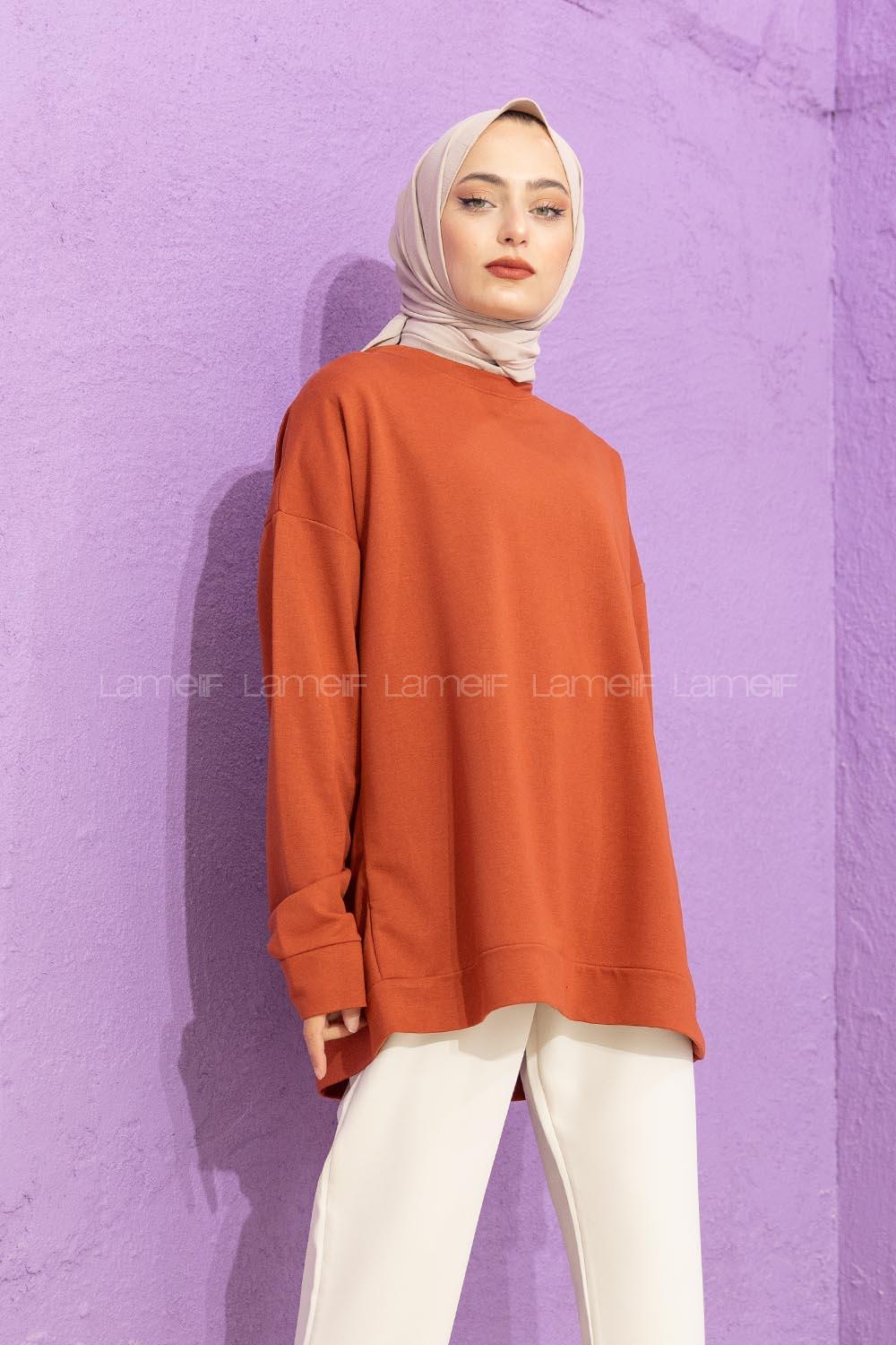 Modalamelif Düşük Kol Düz Renk Sweat  Kiremit