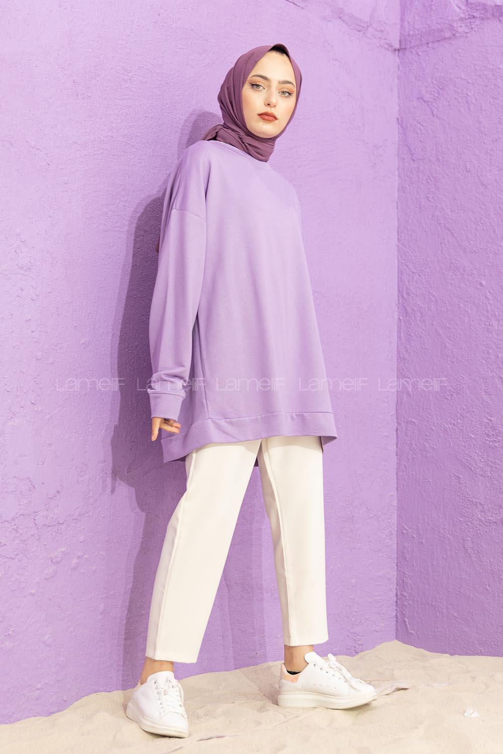 Modalamelif Düşük Kol Düz Renk Sweat Lila