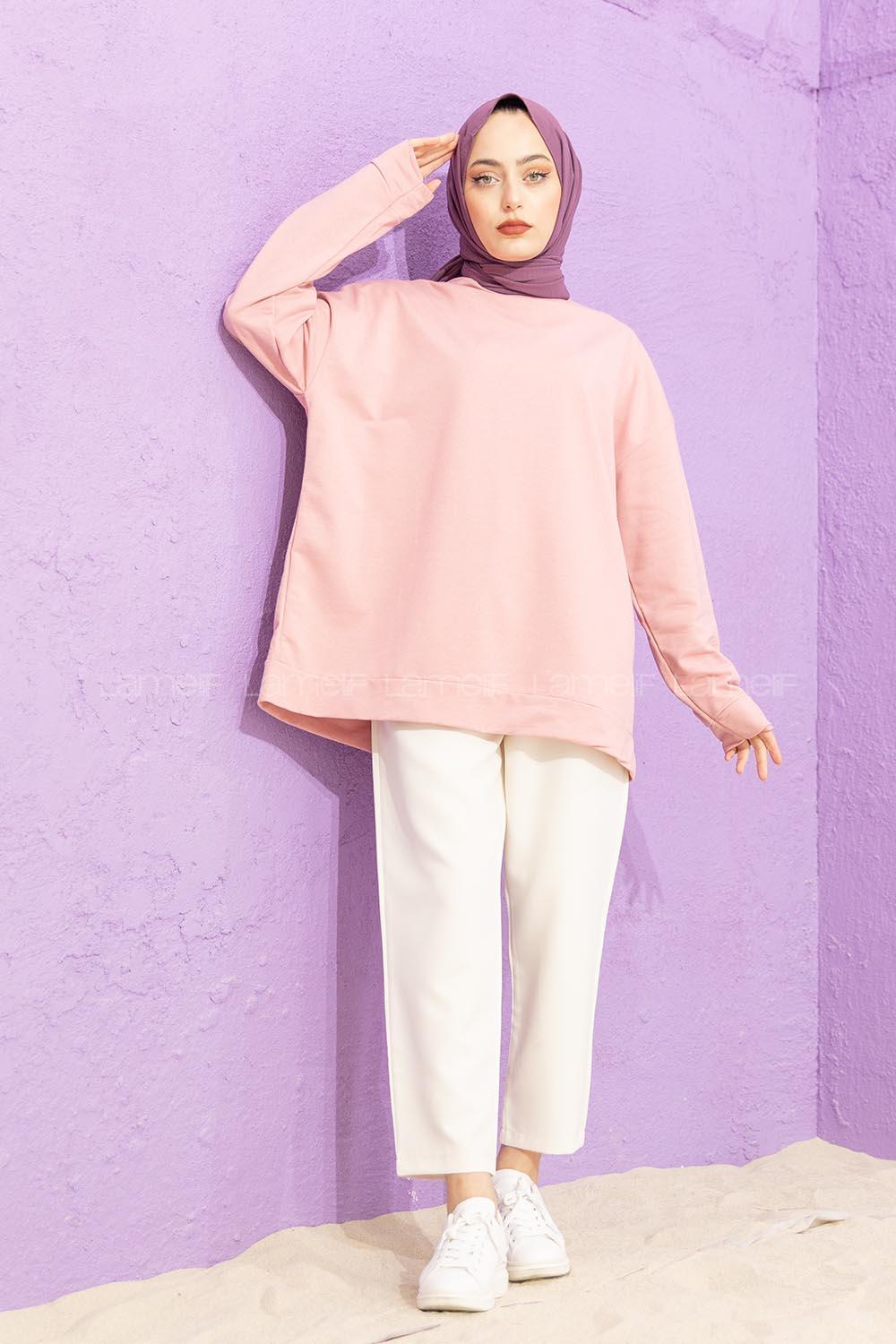 Modalamelif Düşük Kol Düz Renk Sweat Pudra