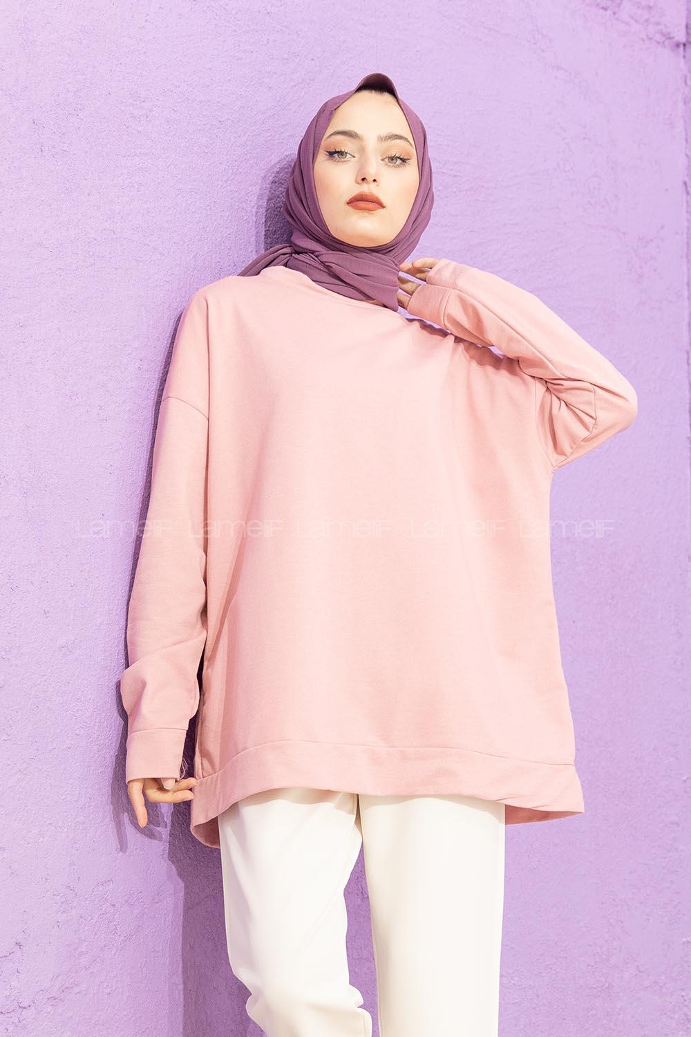 Modalamelif Düşük Kol Düz Renk Sweat Pudra