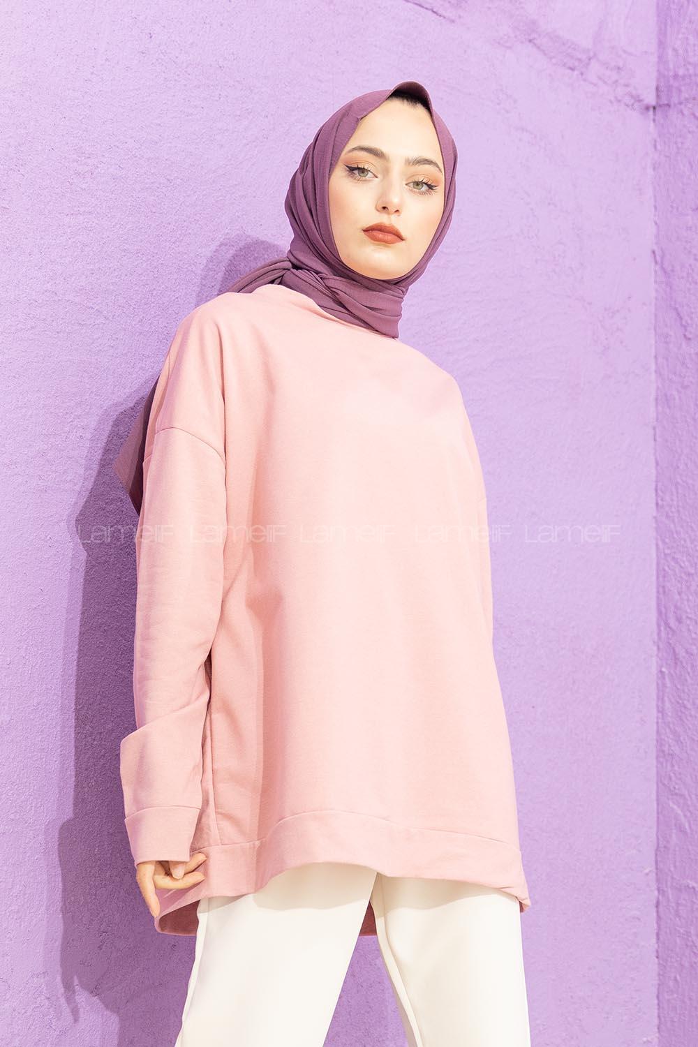 Modalamelif Düşük Kol Düz Renk Sweat Pudra