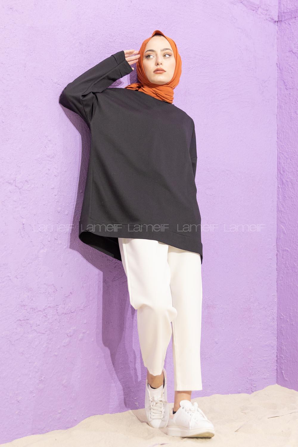 Modalamelif Düşük Kol Düz Renk Sweat Siyah