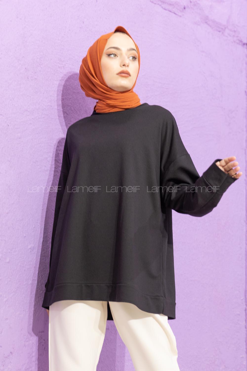 Modalamelif Düşük Kol Düz Renk Sweat Siyah