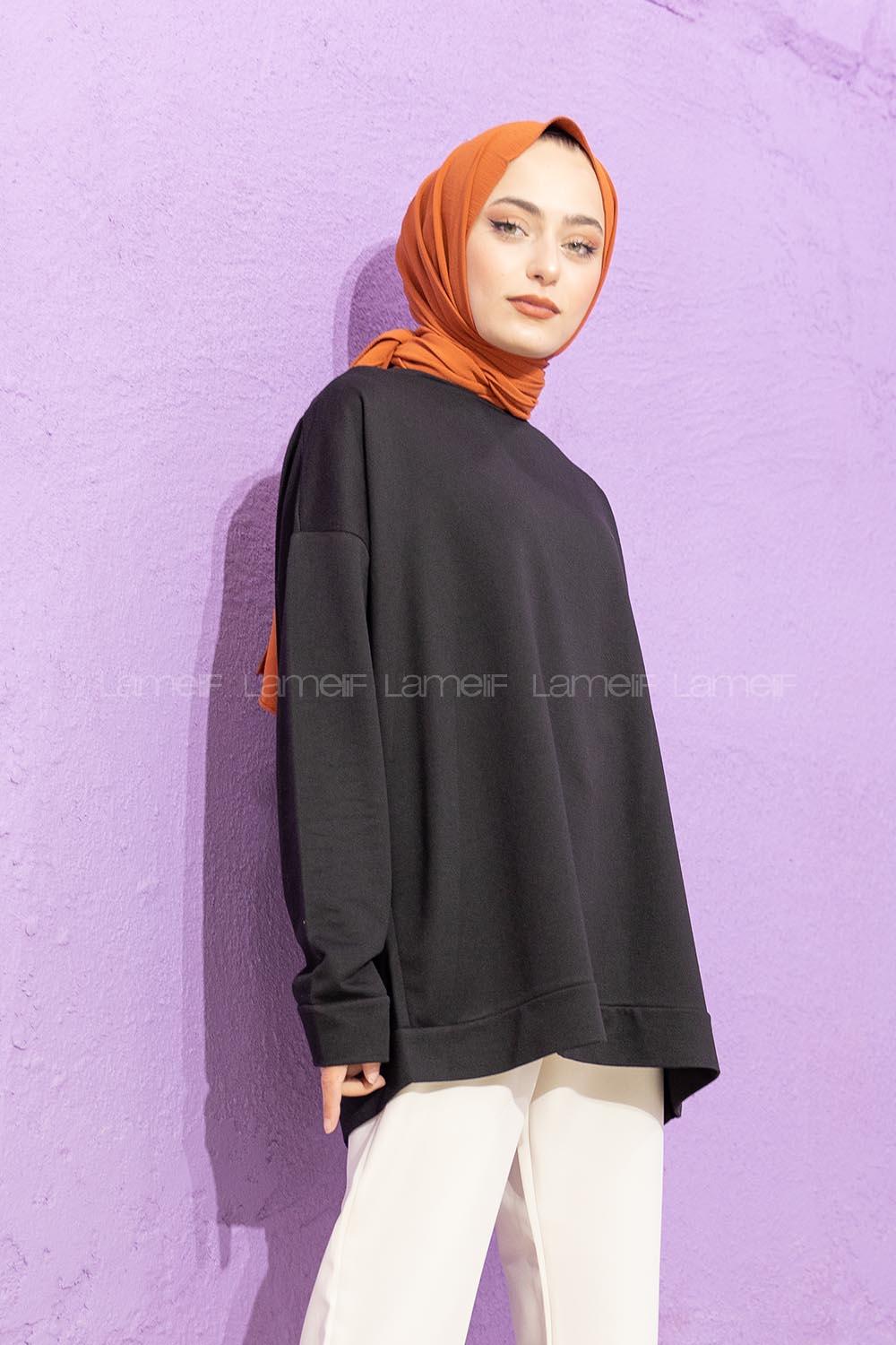 Modalamelif Düşük Kol Düz Renk Sweat Siyah