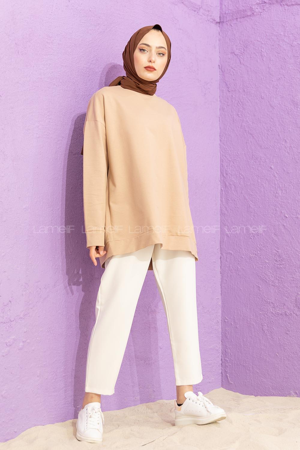 Modalamelif Düşük Kol Düz Renk Sweat Sütlü Kahve