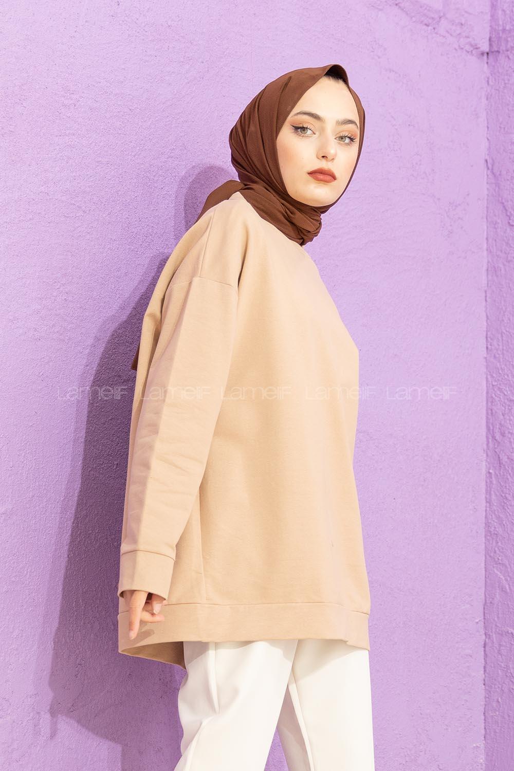 Modalamelif Düşük Kol Düz Renk Sweat Sütlü Kahve