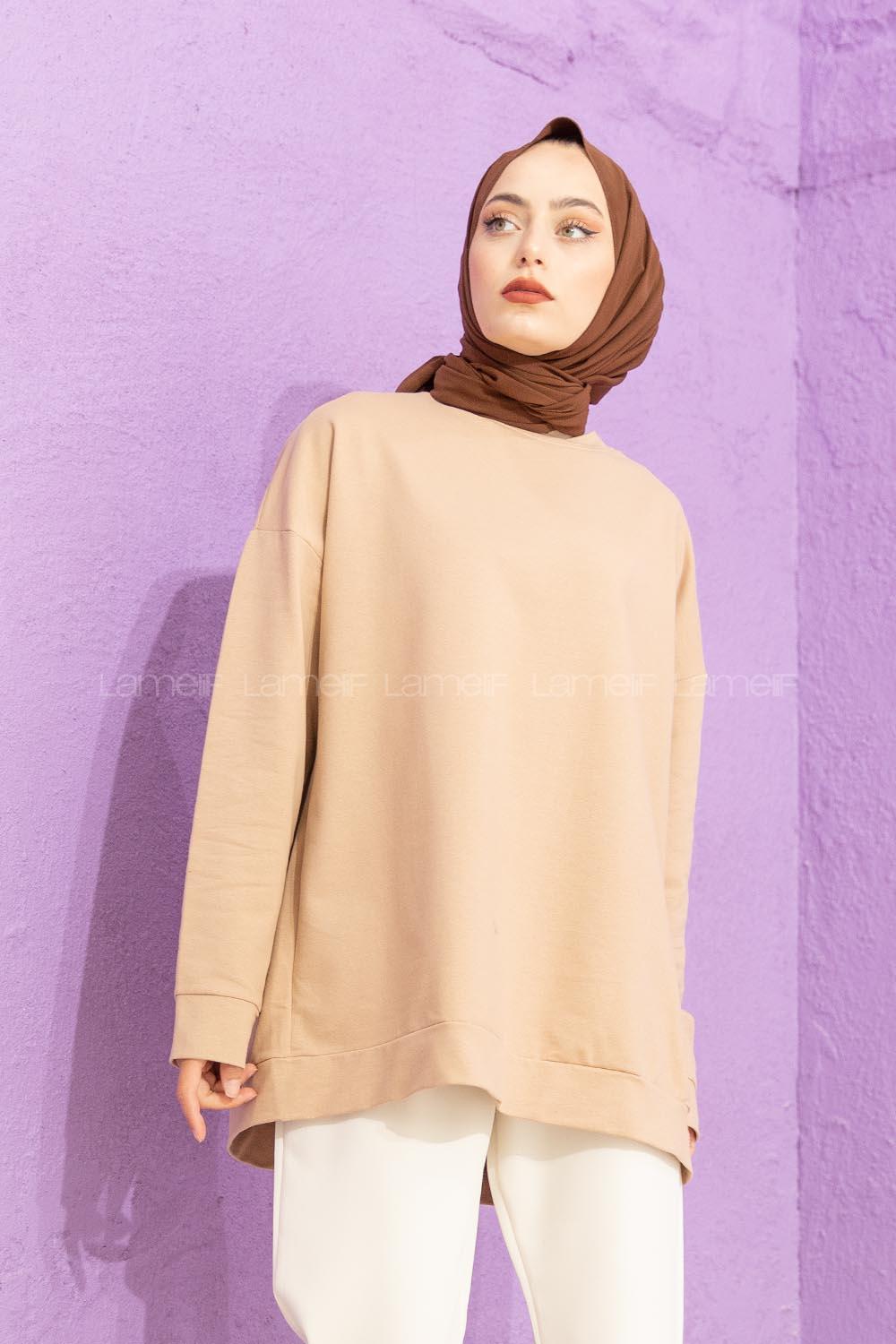 Modalamelif Düşük Kol Düz Renk Sweat Sütlü Kahve