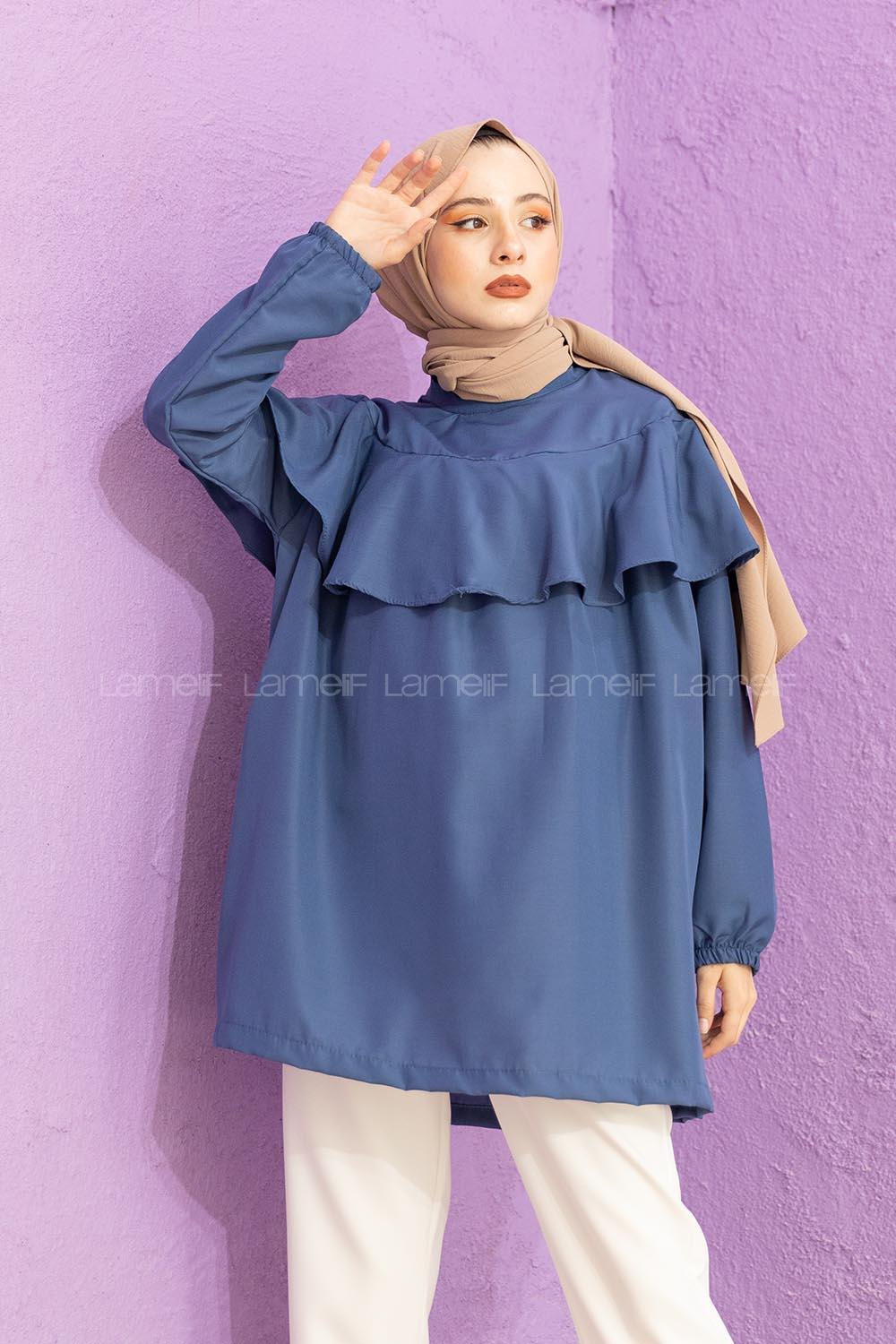 Modalamelif Hakim Yaka Fırfırlı Tunik İndigo