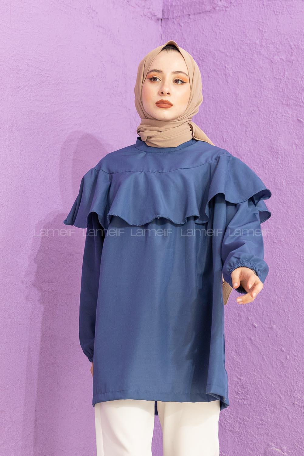 Modalamelif Hakim Yaka Fırfırlı Tunik İndigo