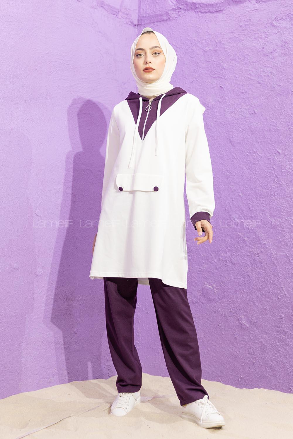 Modalamelif Kanguru Cepli Garnili İkili Takım Mürdüm