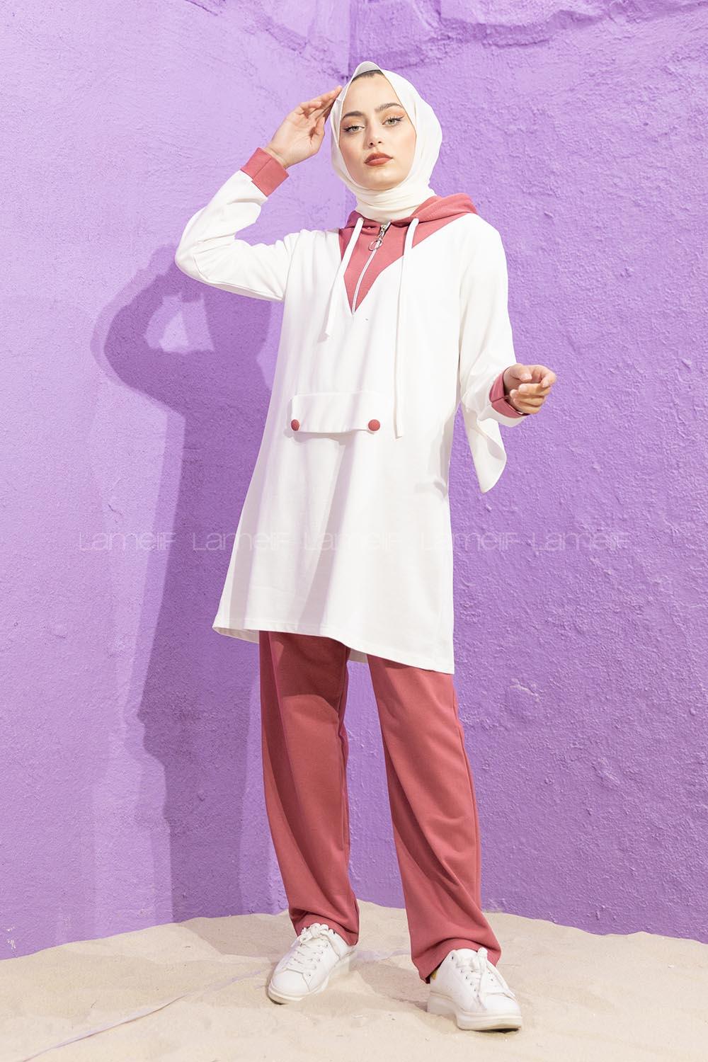 Modalamelif Kanguru Cepli Garnili İkili Takım Pudra