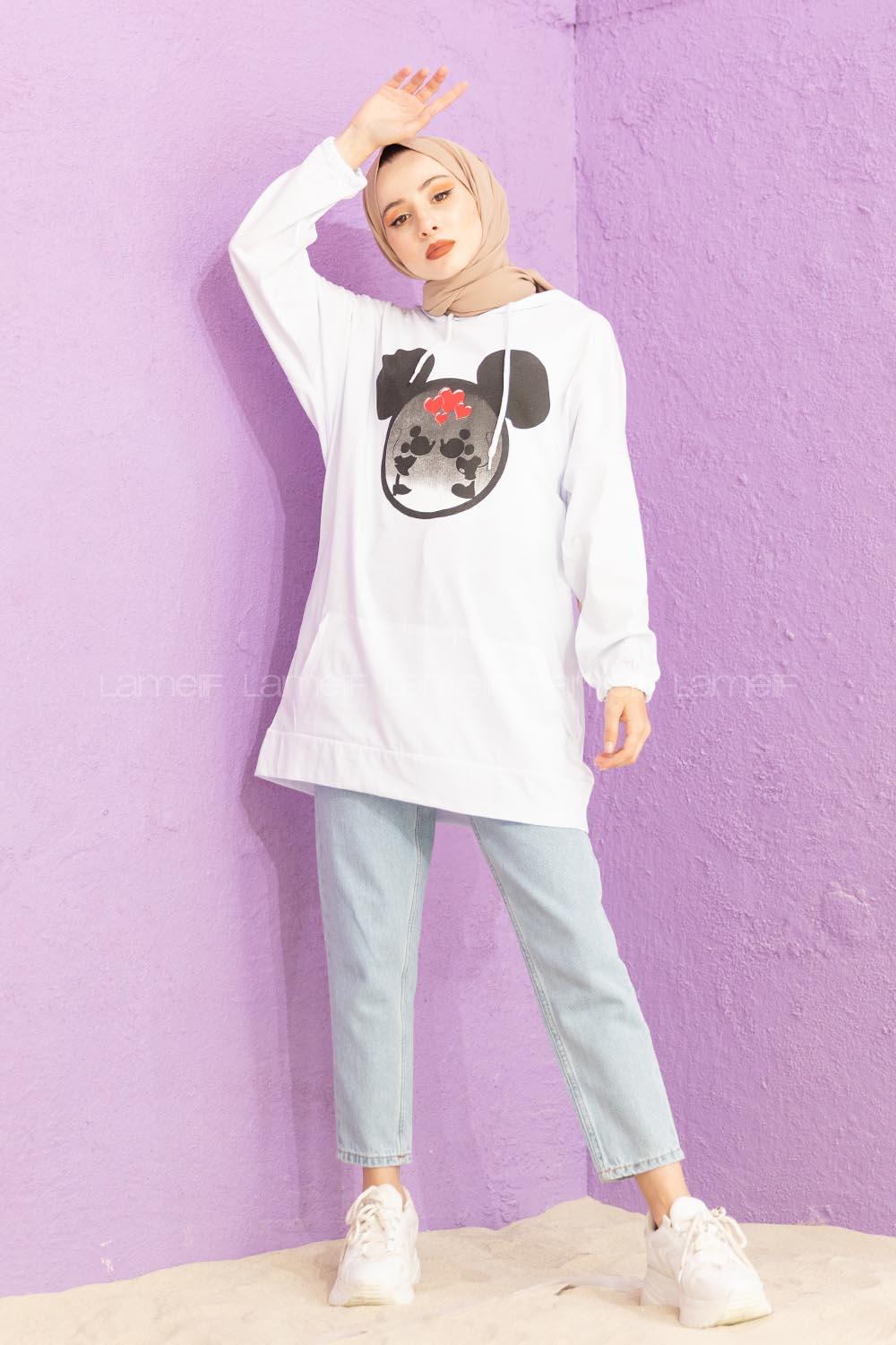 Modalamelif Karikatür Baskılı Sweatshirt Beyaz