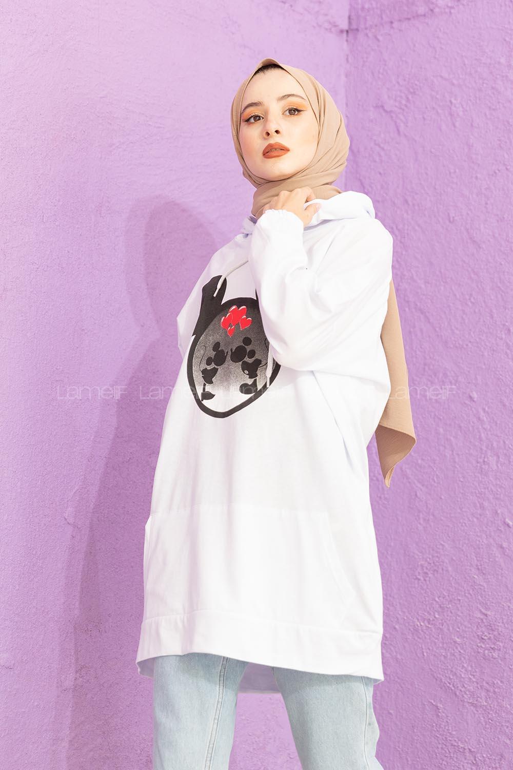 Modalamelif Karikatür Baskılı Sweatshirt Beyaz