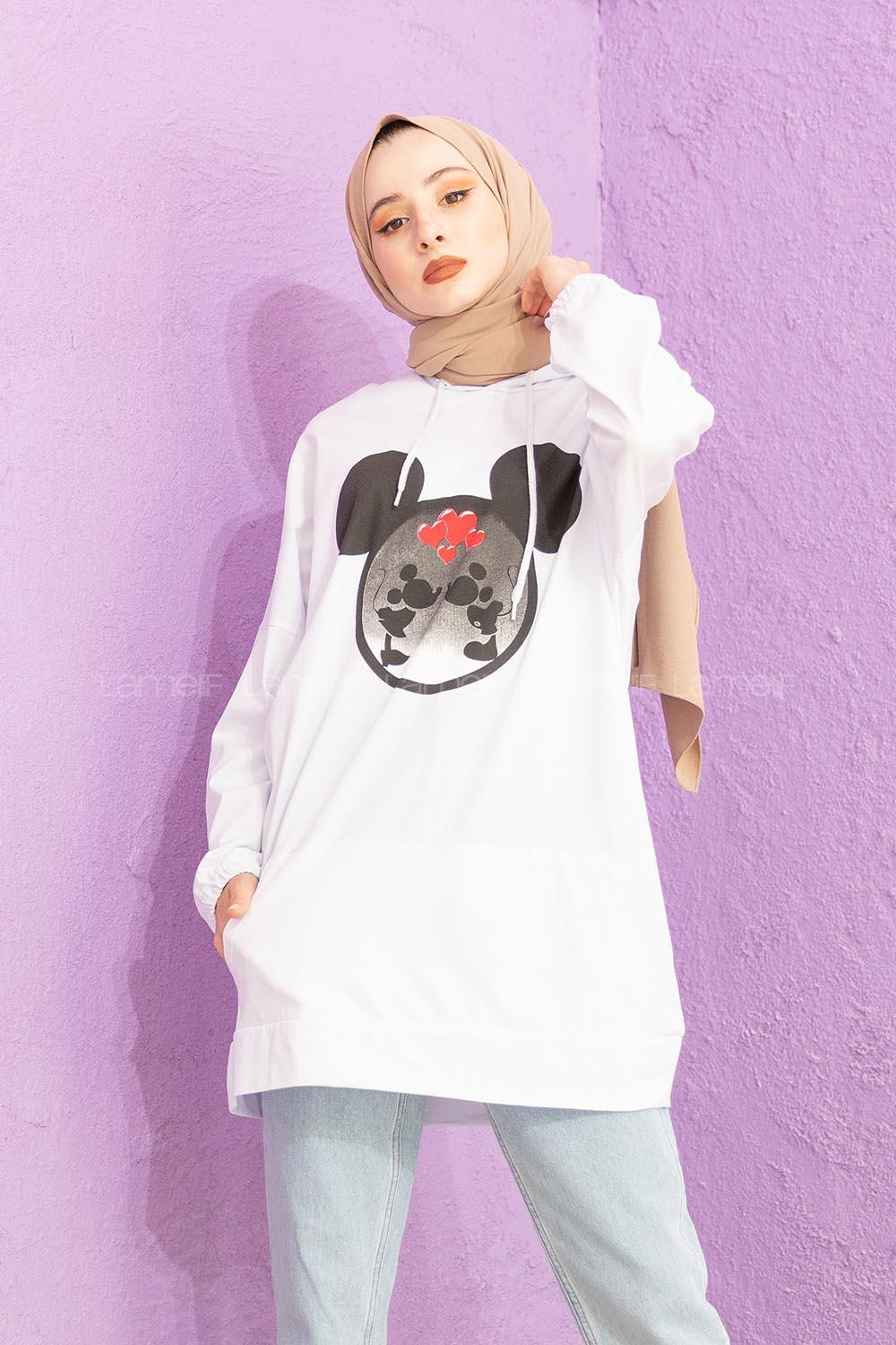 Modalamelif Karikatür Baskılı Sweatshirt Beyaz