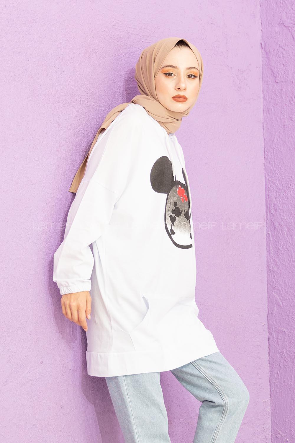 Modalamelif Karikatür Baskılı Sweatshirt Beyaz