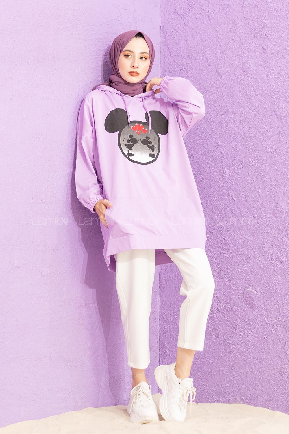 Modalamelif Karikatür Baskılı Sweatshirt Lila