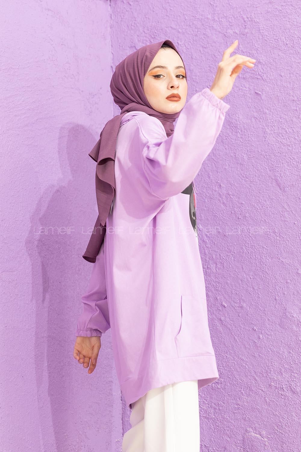 Modalamelif Karikatür Baskılı Sweatshirt Lila