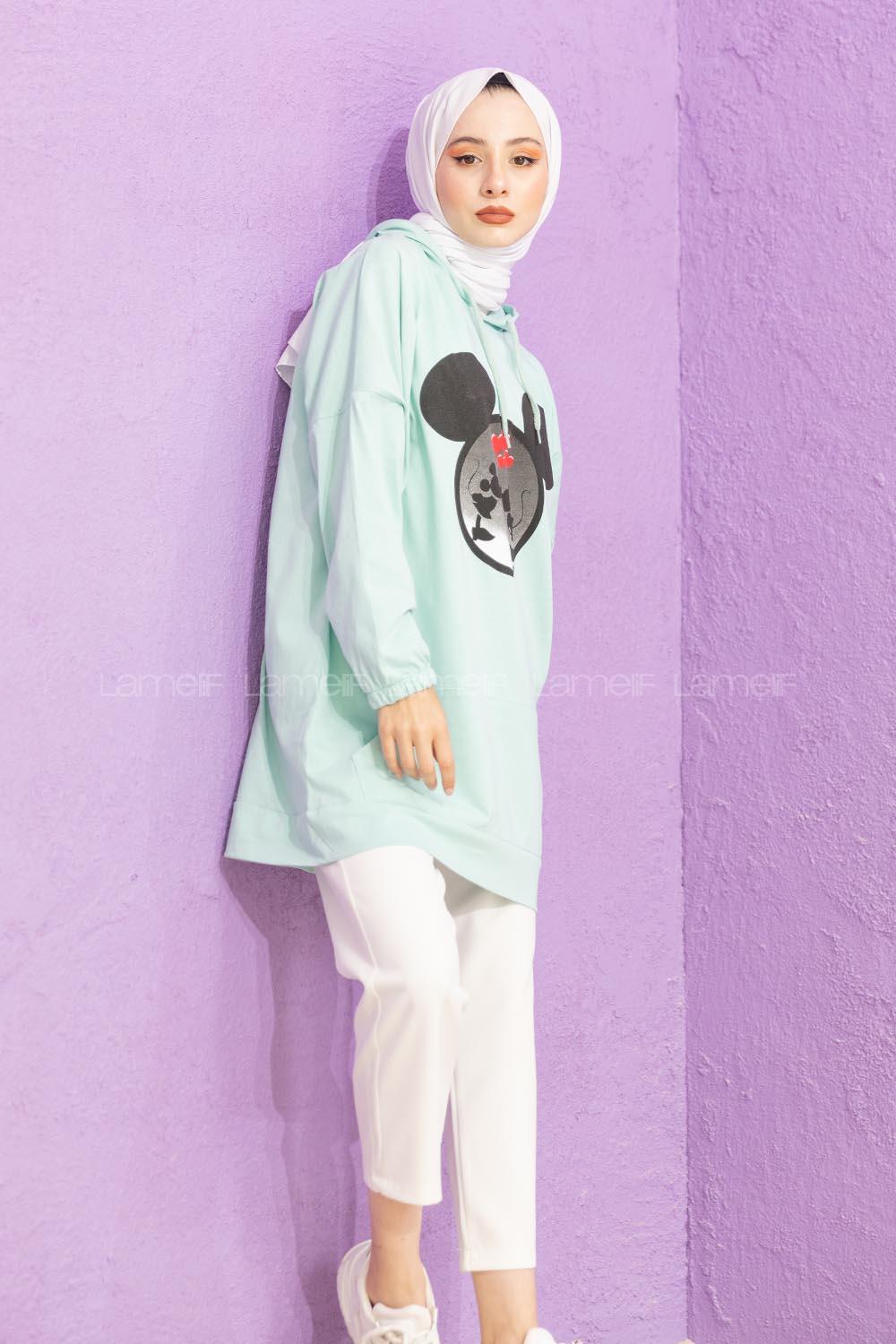 Modalamelif Karikatür Baskılı Sweatshirt Mint Yeşili