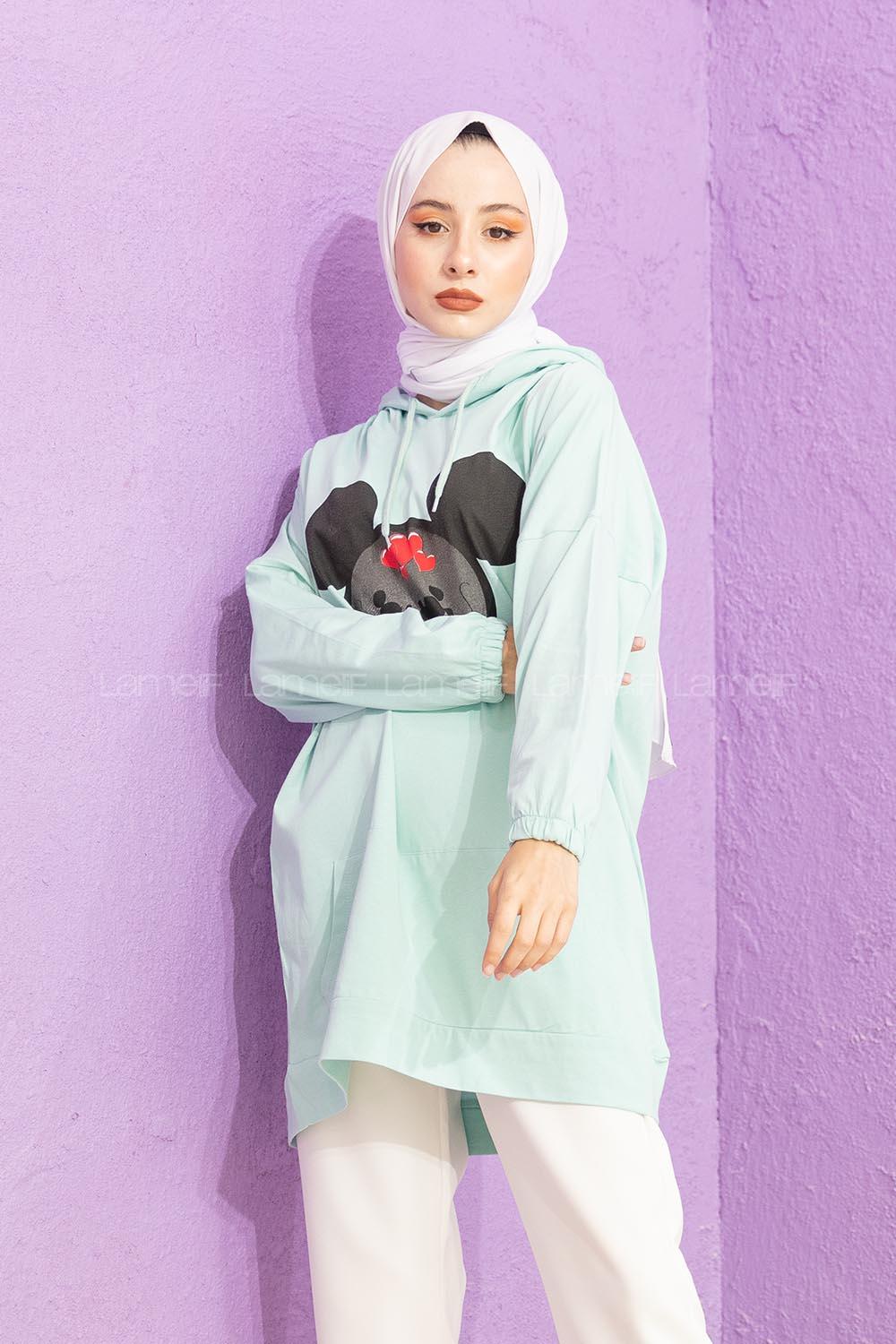 Modalamelif Karikatür Baskılı Sweatshirt Mint Yeşili