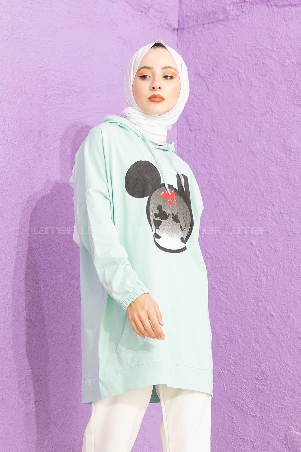 Modalamelif Karikatür Baskılı Sweatshirt Mint Yeşili