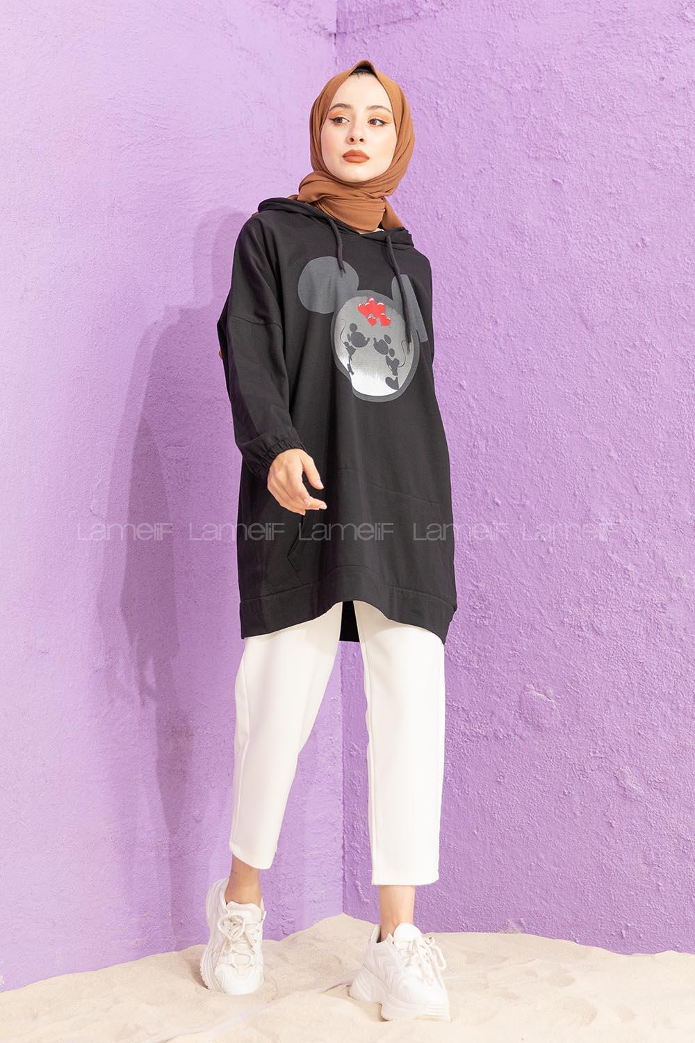 Modalamelif Karikatür Baskılı Sweatshirt Siyah