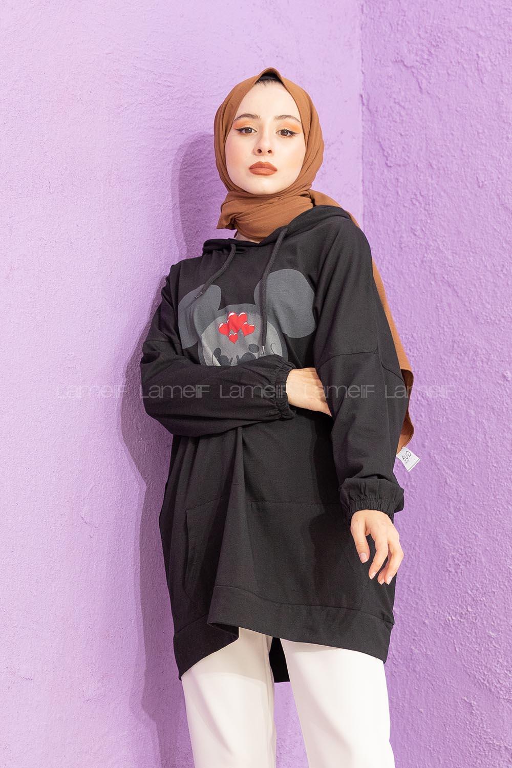 Modalamelif Karikatür Baskılı Sweatshirt Siyah