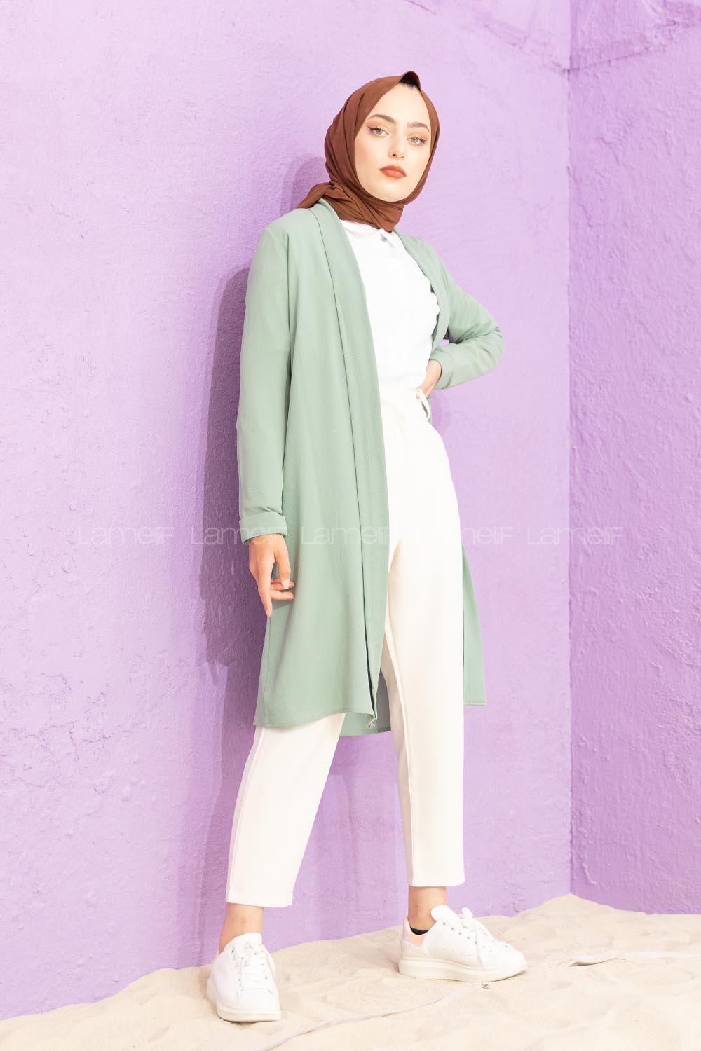 Modalamelif Kol Katlı Krep Uzun Hırka Çağla Yeşili
