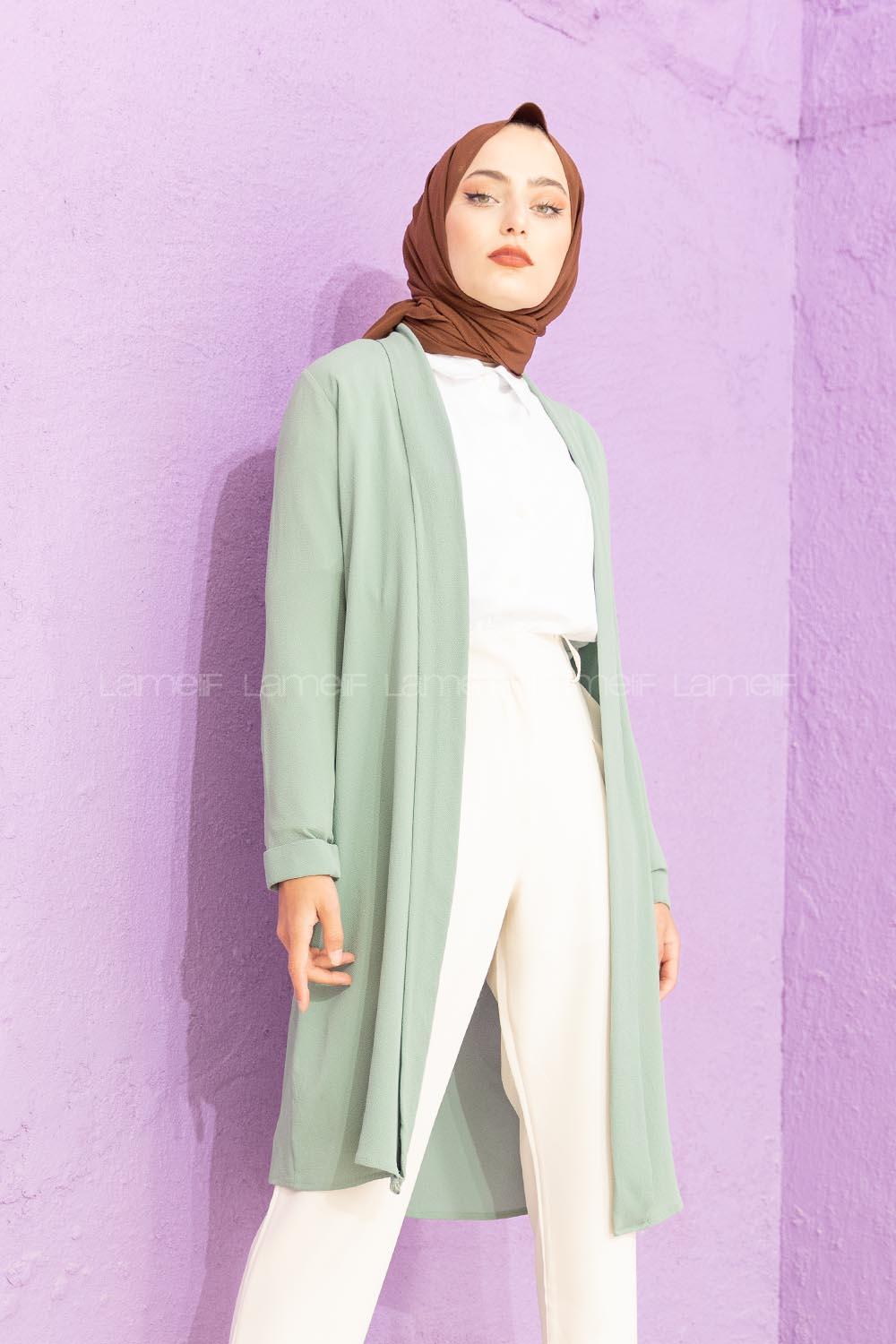 Modalamelif Kol Katlı Krep Uzun Hırka Çağla Yeşili