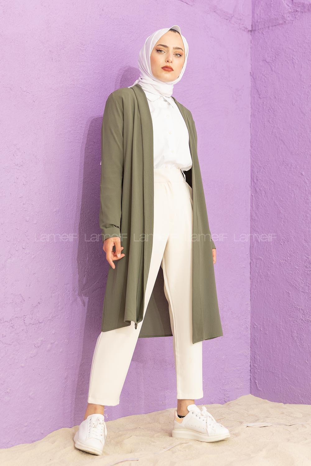 Modalamelif Kol Katlı Krep Uzun Hırka Haki