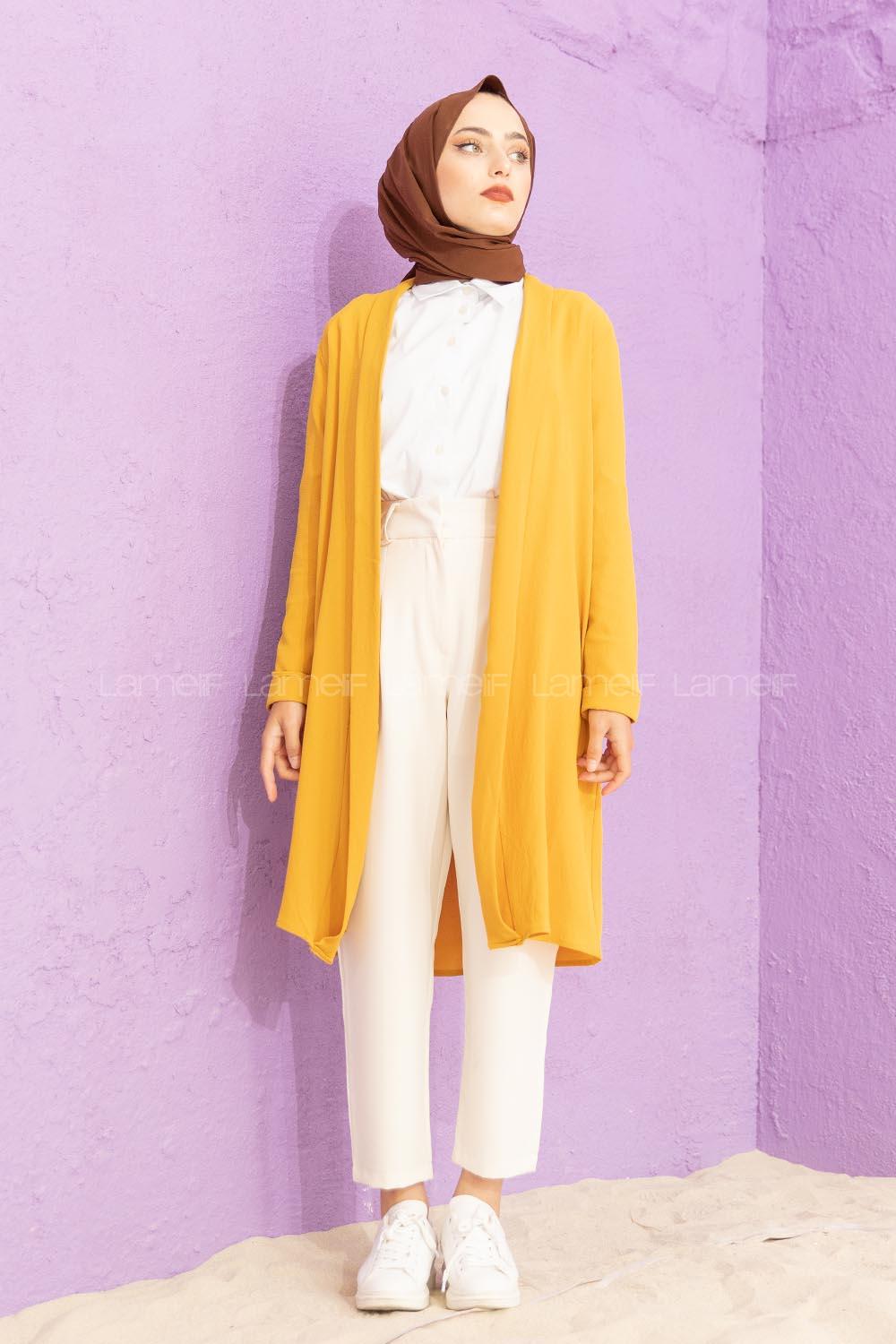 Modalamelif Kol Katlı Krep Uzun Hırka Hardal Sarısı