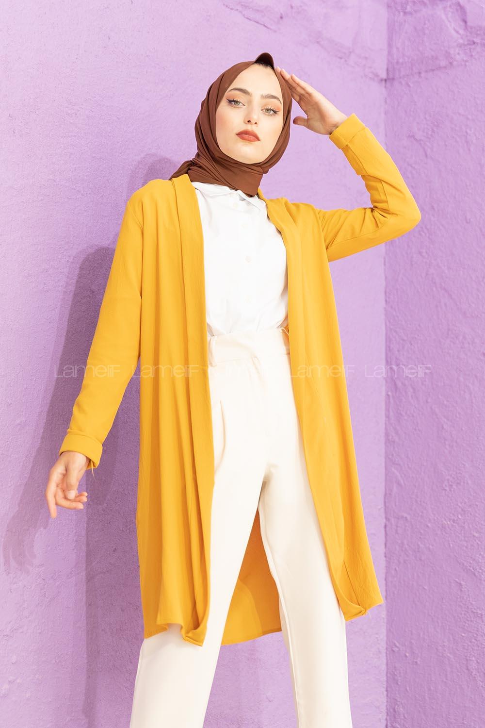 Modalamelif Kol Katlı Krep Uzun Hırka Hardal Sarısı