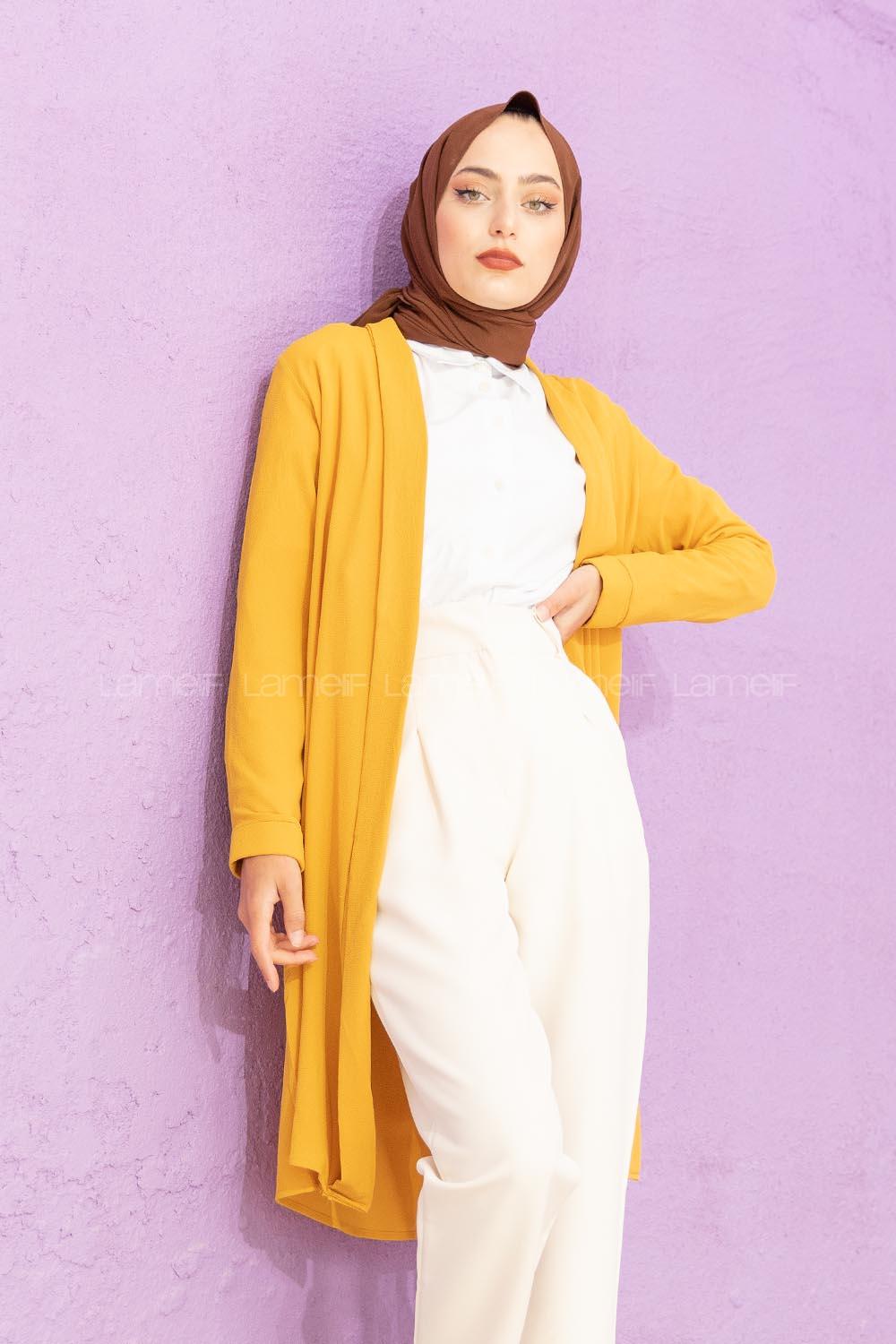 Modalamelif Kol Katlı Krep Uzun Hırka Hardal Sarısı