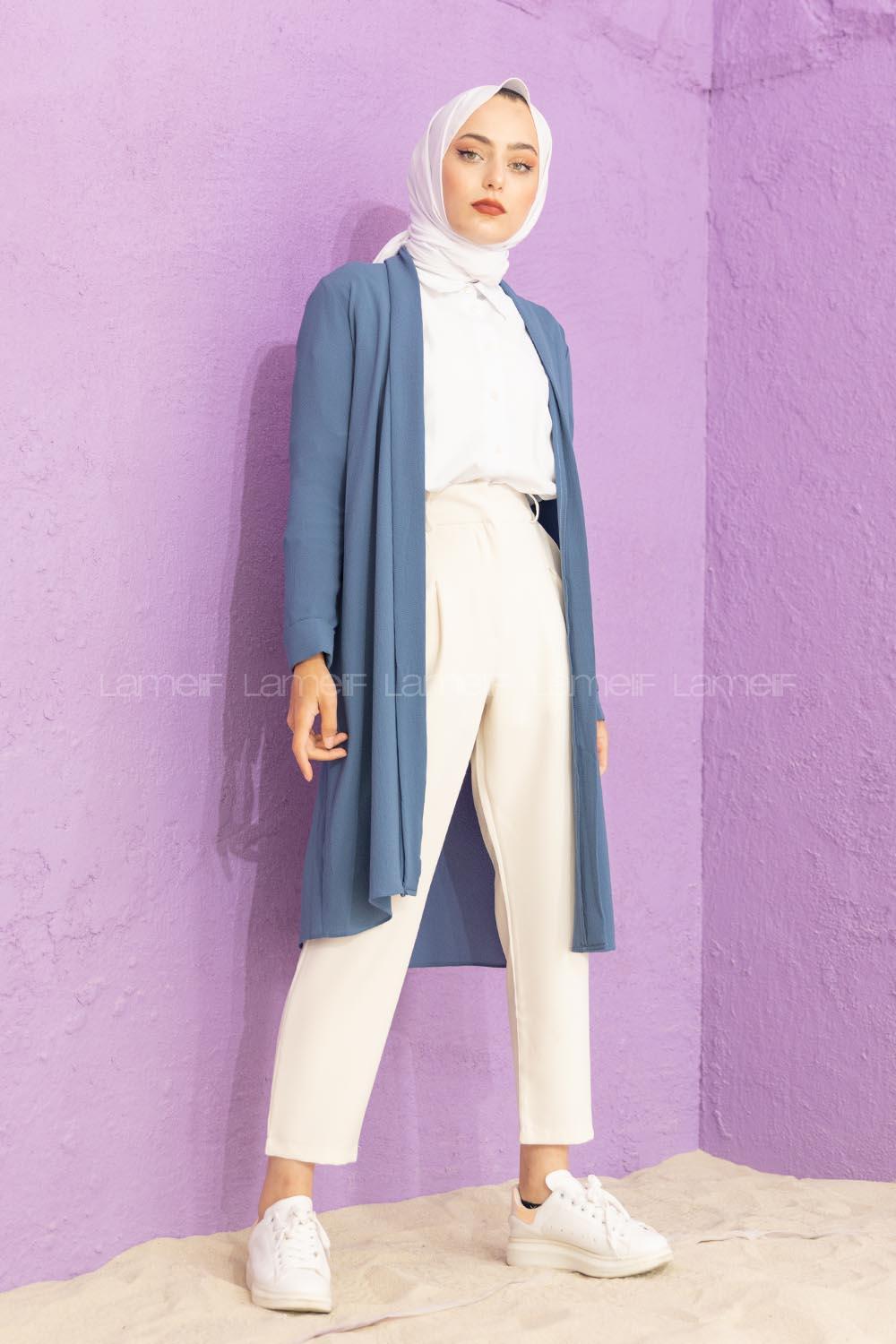 Modalamelif Kol Katlı Krep Uzun Hırka İndigo