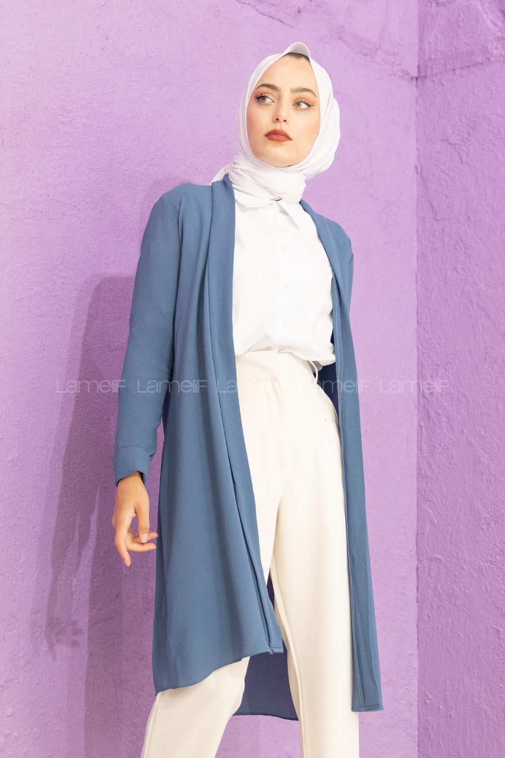 Modalamelif Kol Katlı Krep Uzun Hırka İndigo