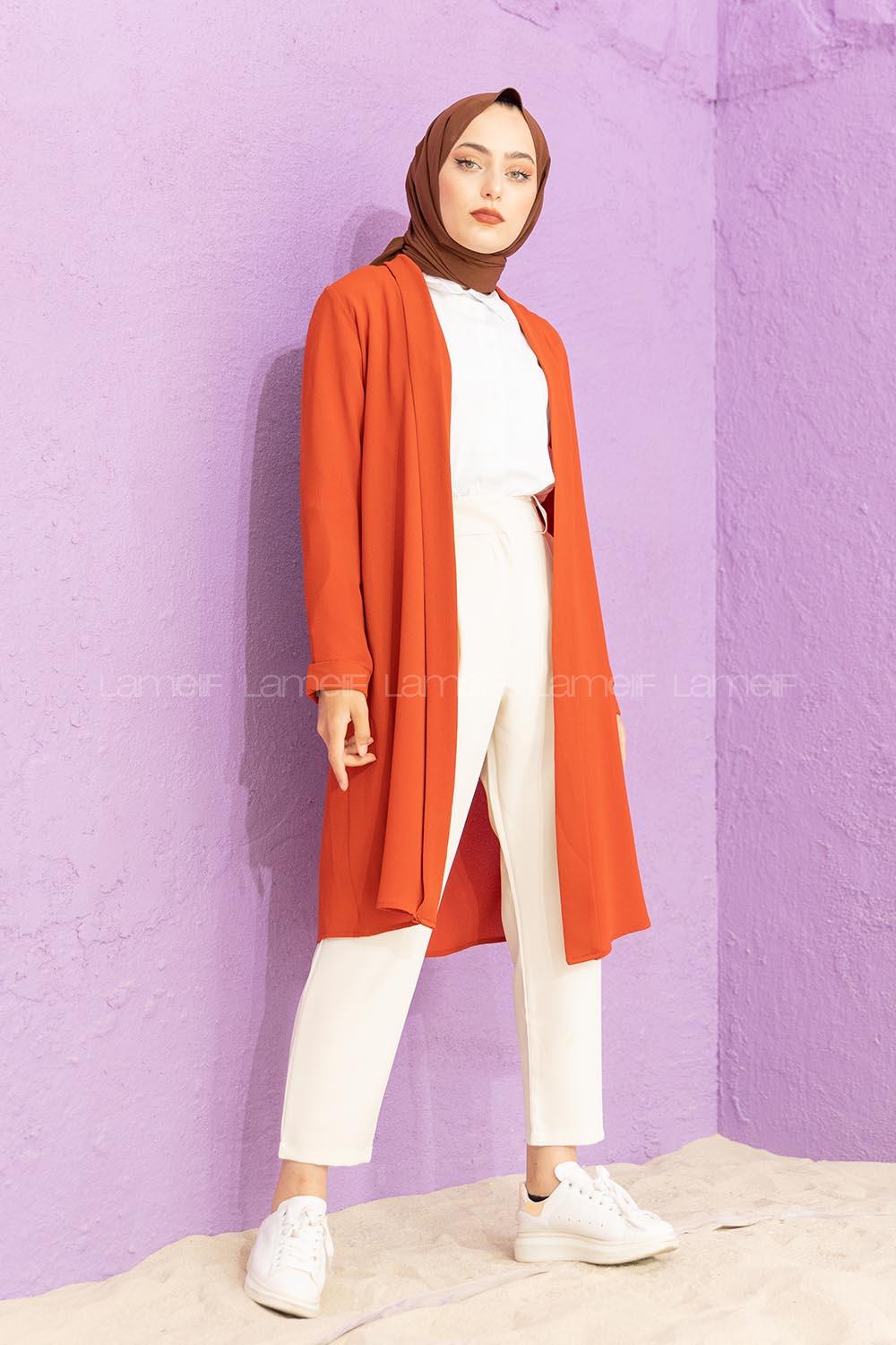 Modalamelif Krep Uzun Hırka Kiremit