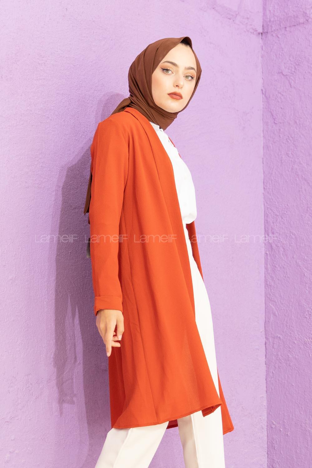 Modalamelif Krep Uzun Hırka Kiremit