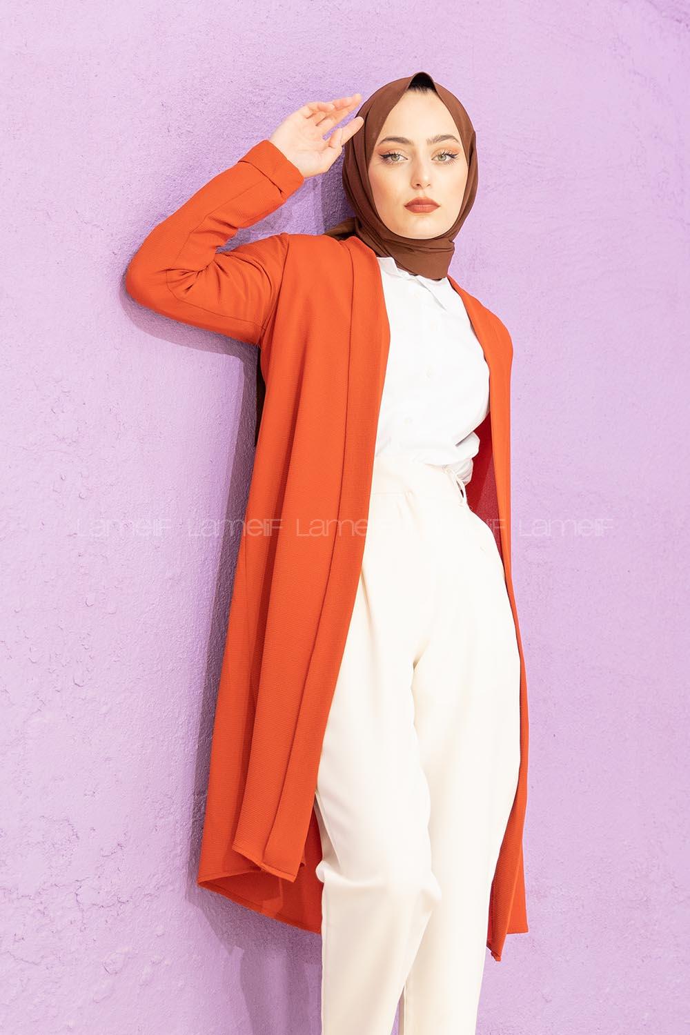 Modalamelif Krep Uzun Hırka Kiremit