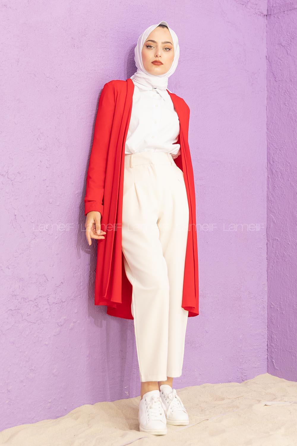 Modalamelif Kol Katlı Krep Uzun Hırka Kırmızı