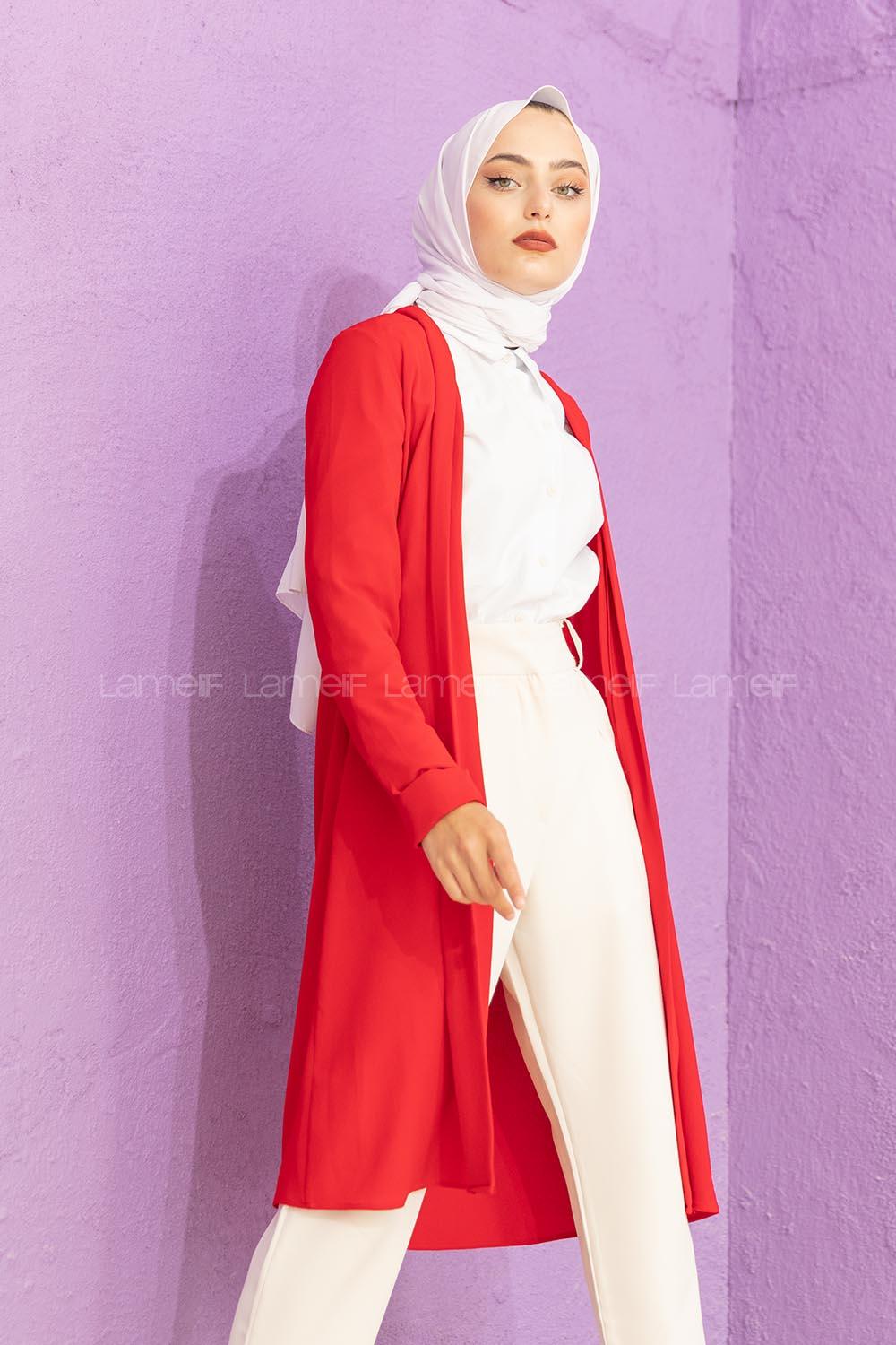 Modalamelif Kol Katlı Krep Uzun Hırka Kırmızı